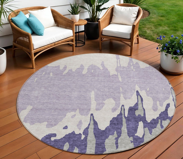 HomeRoots 5' Stylish Purple and Ivory Abstract Area Rug - Machine Washable, Durable for Indoor & Outdoor Use 8' Round 613652