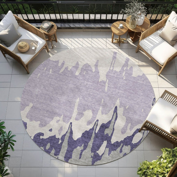 HomeRoots 5' Stylish Purple and Ivory Abstract Area Rug - Machine Washable, Durable for Indoor & Outdoor Use 8' Round 613652