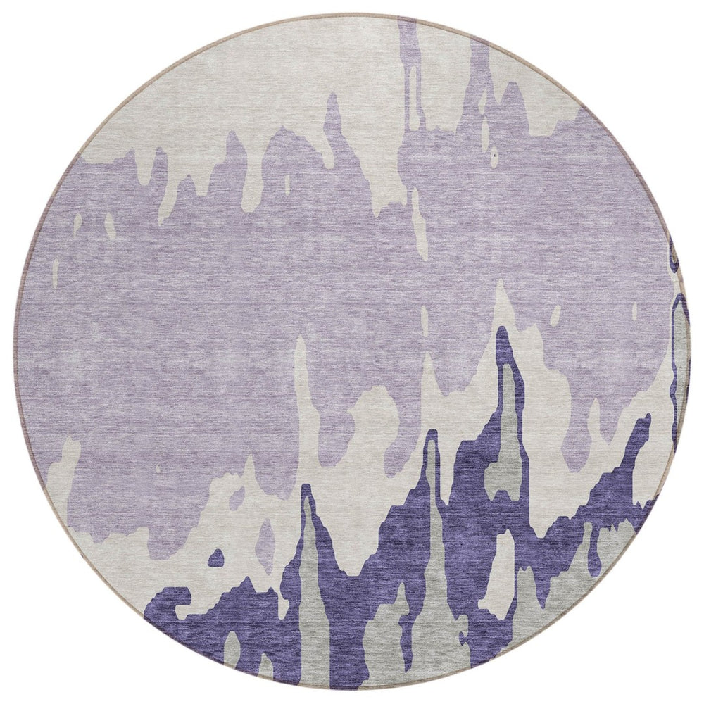 HomeRoots 5' Stylish Purple and Ivory Abstract Area Rug - Machine Washable, Durable for Indoor & Outdoor Use 8' Round 613652
