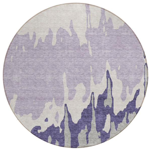 HomeRoots 5' Stylish Purple and Ivory Abstract Area Rug - Machine Washable, Durable for Indoor & Outdoor Use 8' Round 613652