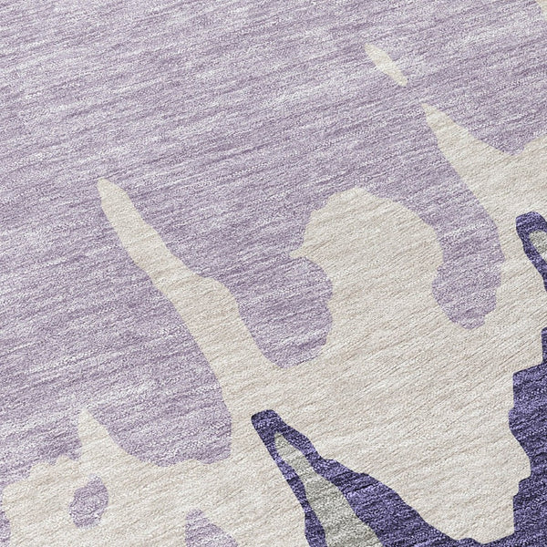 HomeRoots 5' Stylish Purple and Ivory Abstract Area Rug - Machine Washable, Durable for Indoor & Outdoor Use 8' Round 613652