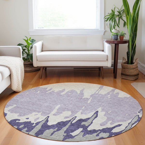 HomeRoots 5' Stylish Purple and Ivory Abstract Area Rug - Machine Washable, Durable for Indoor & Outdoor Use 8' Round 613652