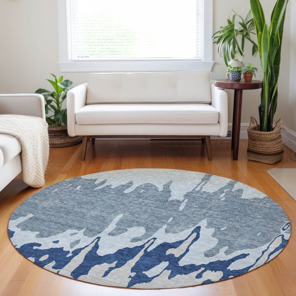 HomeRoots 5' Sky Blue and Denim Abstract Area Rug - Durable, Stain-Resistant Design for Indoor & Outdoor Use 8' Round 613658