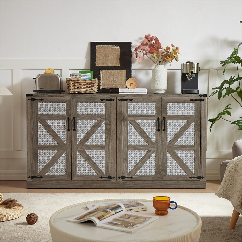 English Elm 65-Inch Slate Gray 3D Faux Rattan Sideboard with Barn-Style Doors, Magnetic Closure & Adjustable Shelves Stone Gray W2702P184395