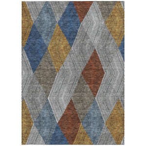 HomeRoots 5' Stylish Gray, Gold, and Blue Argyle Washable Area Rug for Indoor and Outdoor Spaces, Durable & Elegant 5' X 8' 613694