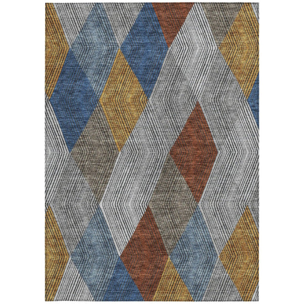 HomeRoots 5' Stylish Gray, Gold, and Blue Argyle Washable Area Rug for Indoor and Outdoor Spaces, Durable & Elegant 5' X 8' 613694