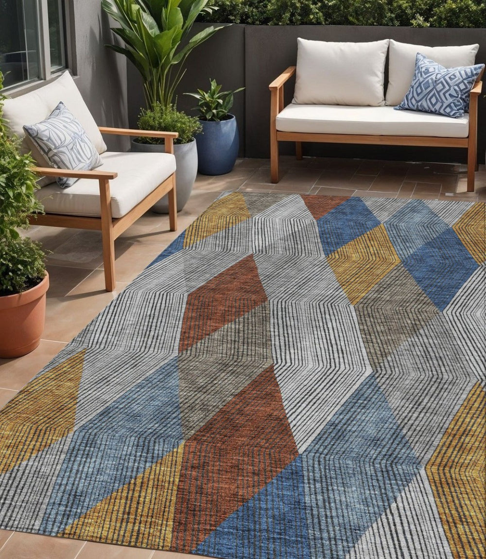 HomeRoots 5' Stylish Gray, Gold, and Blue Argyle Washable Area Rug for Indoor and Outdoor Spaces, Durable & Elegant 5' X 8' 613694