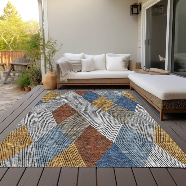 HomeRoots 5' Stylish Gray, Gold, and Blue Argyle Washable Area Rug for Indoor and Outdoor Spaces, Durable & Elegant 5' X 8' 613694