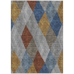 HomeRoots 5' Stylish Gray, Gold, and Blue Argyle Washable Area Rug for Indoor and Outdoor Spaces, Durable & Elegant 5' X 8' 613694
