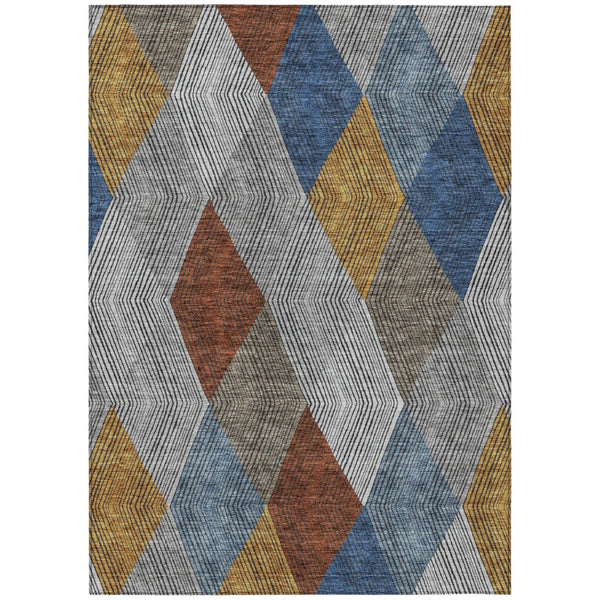 HomeRoots 5' Stylish Gray, Gold, and Blue Argyle Washable Area Rug for Indoor and Outdoor Spaces, Durable & Elegant 5' X 8' 613694