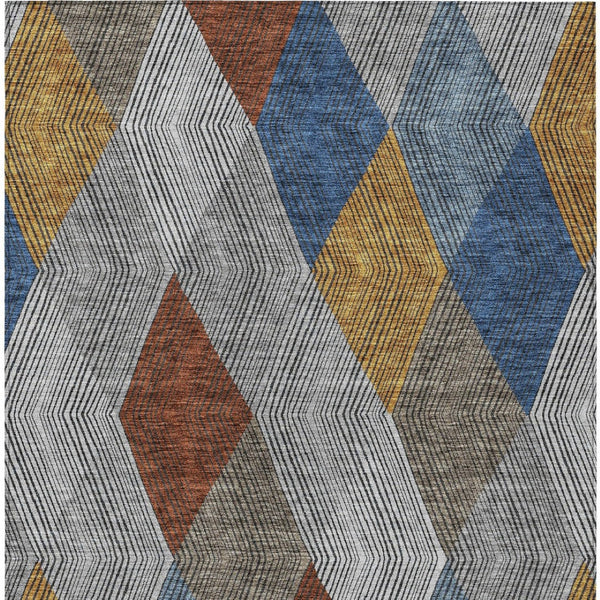 HomeRoots 5' Stylish Gray, Gold, and Blue Argyle Washable Area Rug for Indoor and Outdoor Spaces, Durable & Elegant 5' X 8' 613694