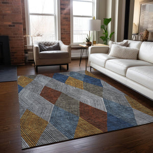 HomeRoots 5' Stylish Gray, Gold, and Blue Argyle Washable Area Rug for Indoor and Outdoor Spaces, Durable & Elegant 5' X 8' 613694