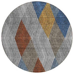 HomeRoots 5' Stylish Gray, Gold, and Blue Argyle Washable Area Rug for Indoor and Outdoor Spaces, Durable & Elegant 8' Round 613695