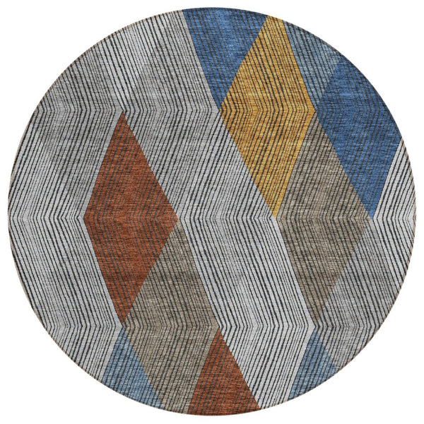 HomeRoots 5' Stylish Gray, Gold, and Blue Argyle Washable Area Rug for Indoor and Outdoor Spaces, Durable & Elegant 8' Round 613695