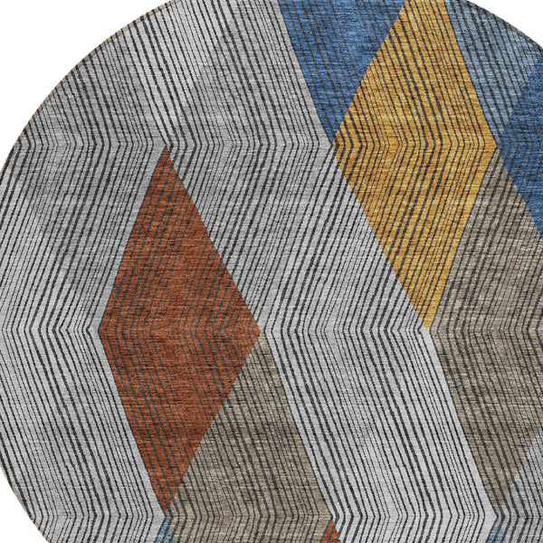 HomeRoots 5' Stylish Gray, Gold, and Blue Argyle Washable Area Rug for Indoor and Outdoor Spaces, Durable & Elegant 8' Round 613695