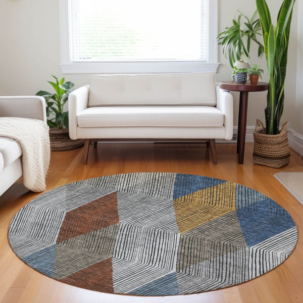 HomeRoots 5' Stylish Gray, Gold, and Blue Argyle Washable Area Rug for Indoor and Outdoor Spaces, Durable & Elegant 8' Round 613695