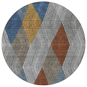 HomeRoots 5' Stylish Gray, Gold, and Blue Argyle Washable Area Rug for Indoor and Outdoor Spaces, Durable & Elegant 8' Round 613695