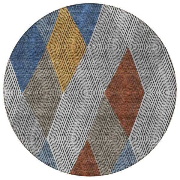 HomeRoots 5' Stylish Gray, Gold, and Blue Argyle Washable Area Rug for Indoor and Outdoor Spaces, Durable & Elegant 8' Round 613695