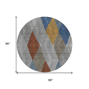 HomeRoots 5' Stylish Gray, Gold, and Blue Argyle Washable Area Rug for Indoor and Outdoor Spaces, Durable & Elegant 8' Round 613695