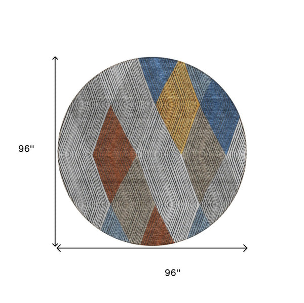HomeRoots 5' Stylish Gray, Gold, and Blue Argyle Washable Area Rug for Indoor and Outdoor Spaces, Durable & Elegant 8' Round 613695