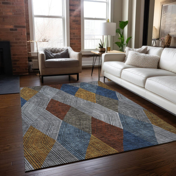 HomeRoots 5' Stylish Gray, Gold, and Blue Argyle Washable Area Rug for Indoor and Outdoor Spaces, Durable & Elegant 8' X 10' 613696