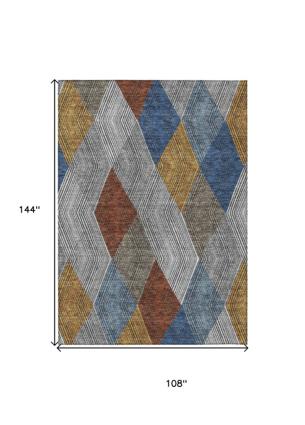 HomeRoots 5' Stylish Gray, Gold, and Blue Argyle Washable Area Rug for Indoor and Outdoor Spaces, Durable & Elegant 9' X 12' 613697