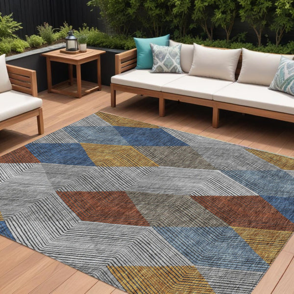 HomeRoots 5' Stylish Gray, Gold, and Blue Argyle Washable Area Rug for Indoor and Outdoor Spaces, Durable & Elegant 9' X 12' 613697