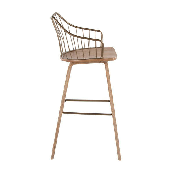 English Elm Fixed-height Farmhouse Barstool Whitewashed Spindle Back Antique Copper Frame Indoor B202P471174