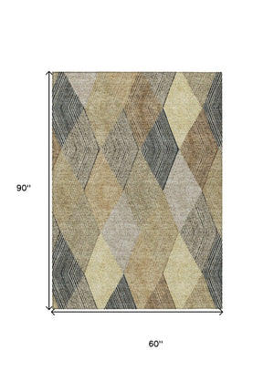 HomeRoots 5' Washable Indoor Outdoor Area Rug in Classic Brown Gold Taupe Argyle - Durable & Easy Care 5' X 8' 613706