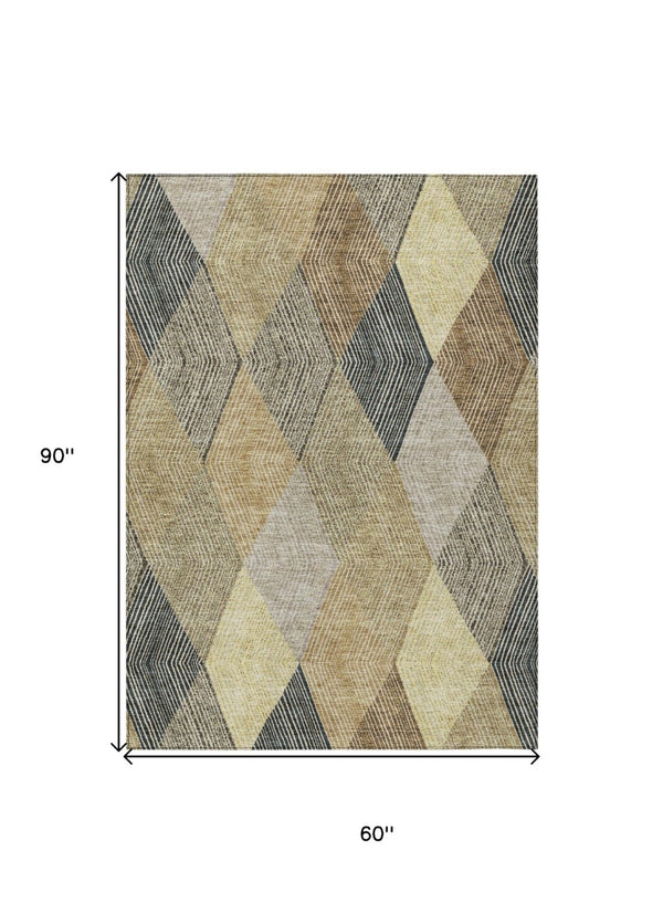 HomeRoots 5' Washable Indoor Outdoor Area Rug in Classic Brown Gold Taupe Argyle - Durable & Easy Care 5' X 8' 613706