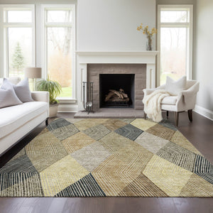 HomeRoots 5' Washable Indoor Outdoor Area Rug in Classic Brown Gold Taupe Argyle - Durable & Easy Care 9' X 12' 613709