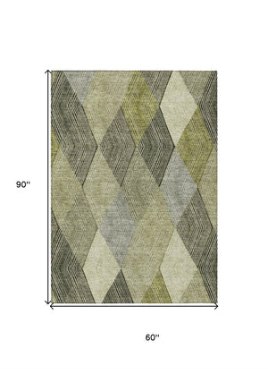 HomeRoots 5' Argyle Area Rug - Olive Green, Gray & Ivory - Washable, Durable for Indoor & Outdoor Use 5' X 8' 613712