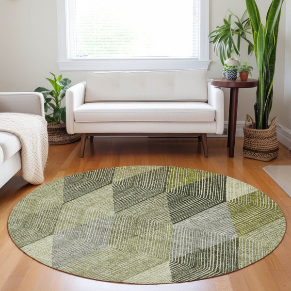 HomeRoots 5' Argyle Area Rug - Olive Green, Gray & Ivory - Washable, Durable for Indoor & Outdoor Use 8' Round 613713