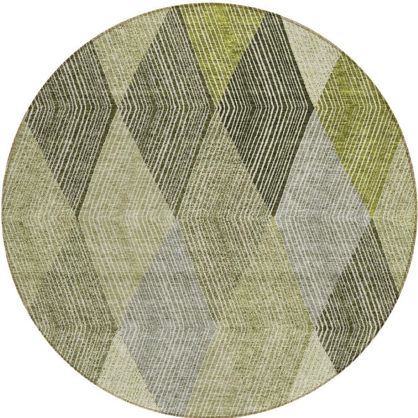 HomeRoots 5' Argyle Area Rug - Olive Green, Gray & Ivory - Washable, Durable for Indoor & Outdoor Use 8' Round 613713