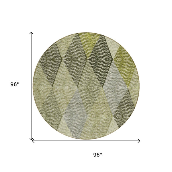 HomeRoots 5' Argyle Area Rug - Olive Green, Gray & Ivory - Washable, Durable for Indoor & Outdoor Use 8' Round 613713