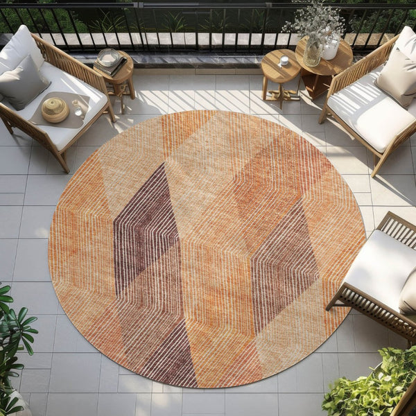 HomeRoots 5' Vibrant Argyle Area Rug in Orange Peach and Ruby Red - Durable, Washable for Indoor & Outdoor Use 8' Round 613719