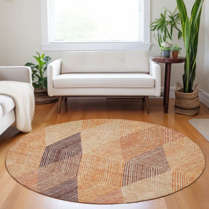 HomeRoots 5' Vibrant Argyle Area Rug in Orange Peach and Ruby Red - Durable, Washable for Indoor & Outdoor Use 8' Round 613719