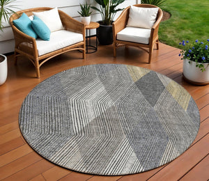 HomeRoots 5' Stylish Pewter Gray and Gold Argyle Washable Area Rug for Indoor and Outdoor Use, Durable Design 8' Round 613731