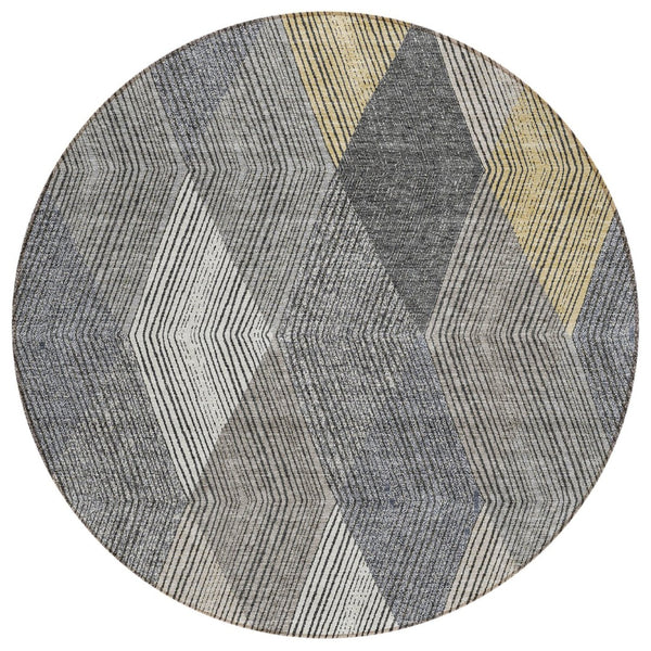 HomeRoots 5' Stylish Pewter Gray and Gold Argyle Washable Area Rug for Indoor and Outdoor Use, Durable Design 8' Round 613731