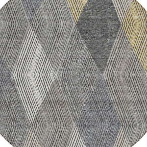 HomeRoots 5' Stylish Pewter Gray and Gold Argyle Washable Area Rug for Indoor and Outdoor Use, Durable Design 8' Round 613731