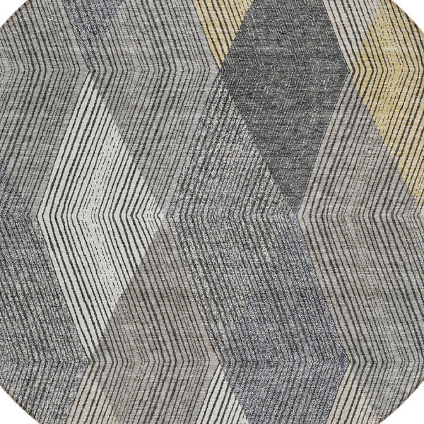 HomeRoots 5' Stylish Pewter Gray and Gold Argyle Washable Area Rug for Indoor and Outdoor Use, Durable Design 8' Round 613731