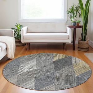 HomeRoots 5' Stylish Pewter Gray and Gold Argyle Washable Area Rug for Indoor and Outdoor Use, Durable Design 8' Round 613731