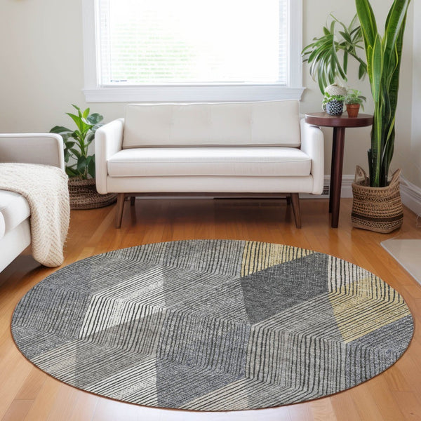 HomeRoots 5' Stylish Pewter Gray and Gold Argyle Washable Area Rug for Indoor and Outdoor Use, Durable Design 8' Round 613731