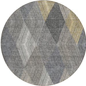HomeRoots 5' Stylish Pewter Gray and Gold Argyle Washable Area Rug for Indoor and Outdoor Use, Durable Design 8' Round 613731