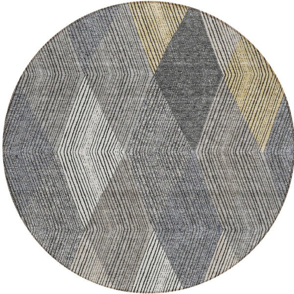 HomeRoots 5' Stylish Pewter Gray and Gold Argyle Washable Area Rug for Indoor and Outdoor Use, Durable Design 8' Round 613731