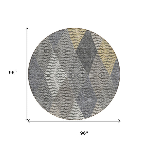 HomeRoots 5' Stylish Pewter Gray and Gold Argyle Washable Area Rug for Indoor and Outdoor Use, Durable Design 8' Round 613731