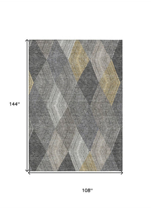 HomeRoots 5' Stylish Pewter Gray and Gold Argyle Washable Area Rug for Indoor and Outdoor Use, Durable Design 9' X 12' 613733