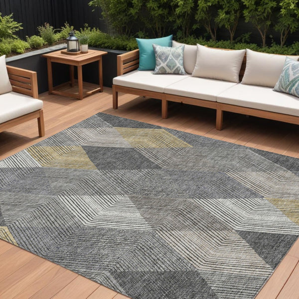 HomeRoots 5' Stylish Pewter Gray and Gold Argyle Washable Area Rug for Indoor and Outdoor Use, Durable Design 9' X 12' 613733