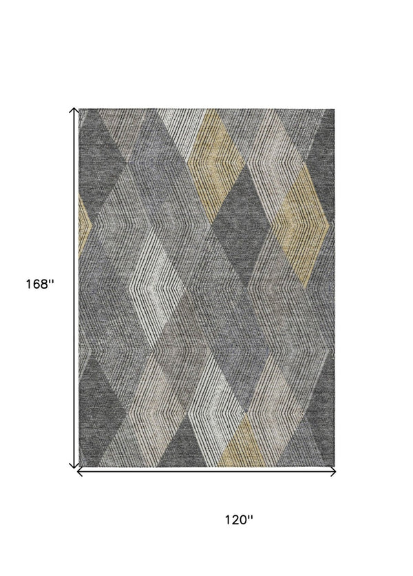 HomeRoots 5' Stylish Pewter Gray and Gold Argyle Washable Area Rug for Indoor and Outdoor Use, Durable Design 10' X 14' 613734