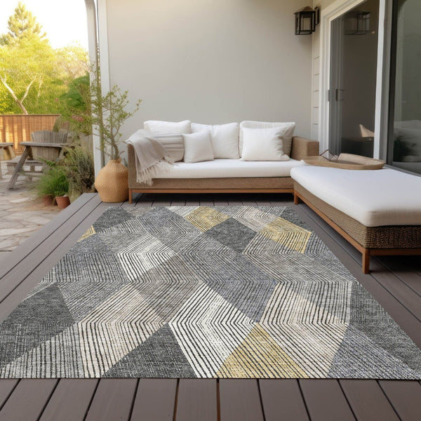 HomeRoots 5' Stylish Pewter Gray and Gold Argyle Washable Area Rug for Indoor and Outdoor Use, Durable Design 10' X 14' 613734